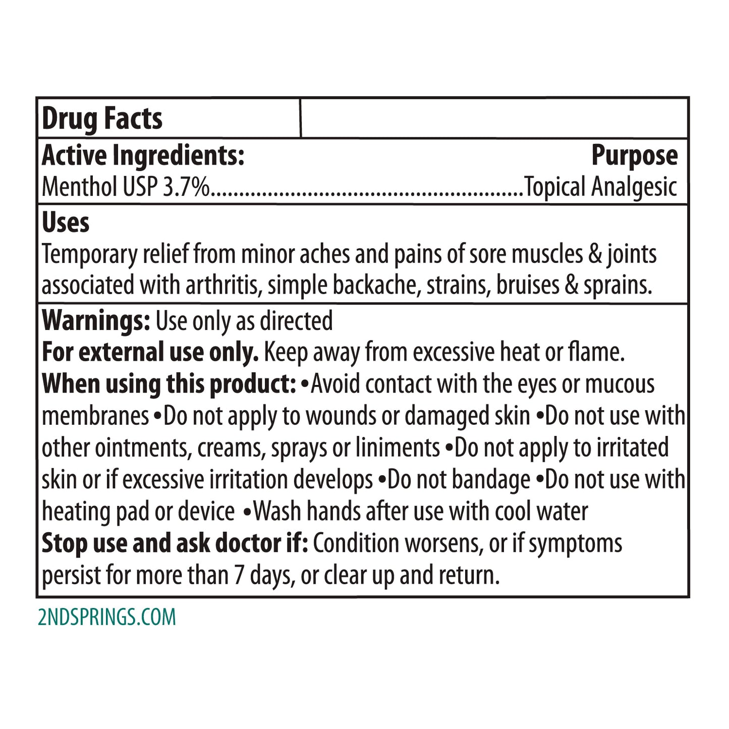 2nd Springs Restore Pain Relief Cream