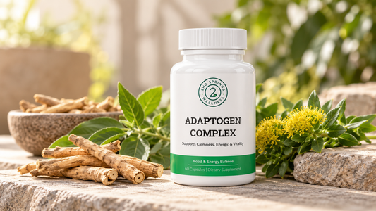 2nd Springs Adaptogen Complex beside botanical roots and greenery representing ashwagandha and rhodiola