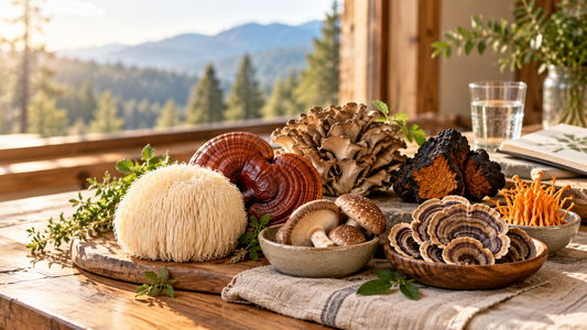 Editorial photograph of seven mushroom types—lion's mane, reishi, chaga, maitake, shiitake, turkey tail and cordyceps—arranged in warm natural light
