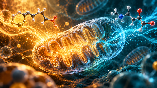 Conceptual 3D illustration of a glowing mitochondrion with warm gold and cool teal energy streams representing metabolic research