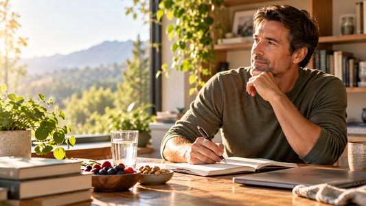 Adult man at a sunlit desk with notebook, books, healthy foods, water and plants planning his daily cognitive wellness routine