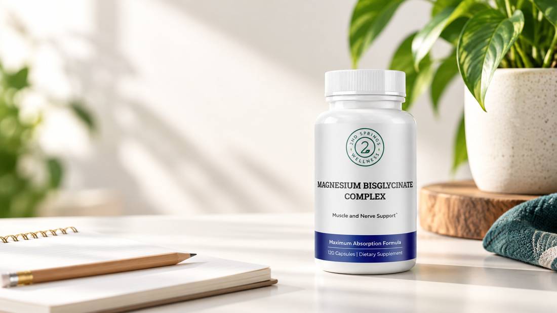 2nd Springs Magnesium Bisglycinate Complex bottle beside a blank comparison notebook